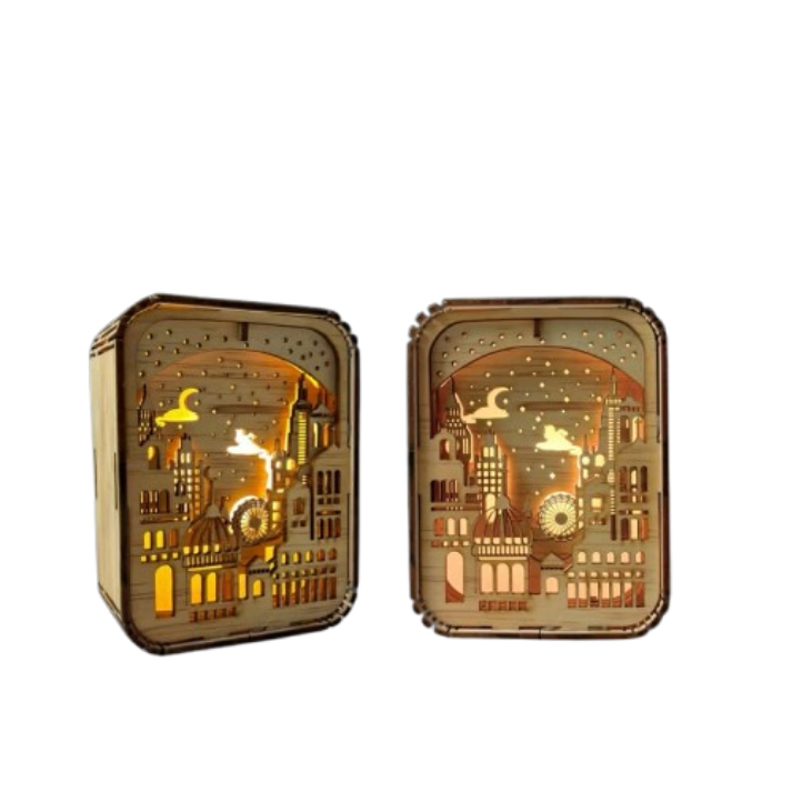 Cyberpunk Cityscape 3D Wooden Shadow Box Night Light